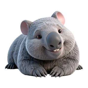 A friendly, cartoonish wombat, rendered with furry texture, is portrayed isolated on a transparent background.