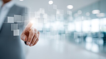 Professional Interacting with Holographic Interface in Modern Office