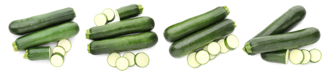 Collage of fresh ripe zucchinis on white background, top view. Whole and sliced