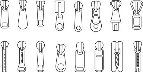 Zipper puller flat sketch set, collection of zip slider designs, garment accessory illustrations, fashion hardware elements for clothing design