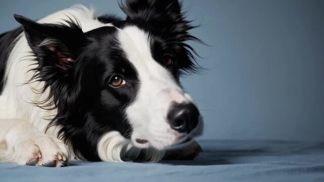 Sad Border Collie Dog Looking Upwards While Lying Down on Solid Blue Colored Background