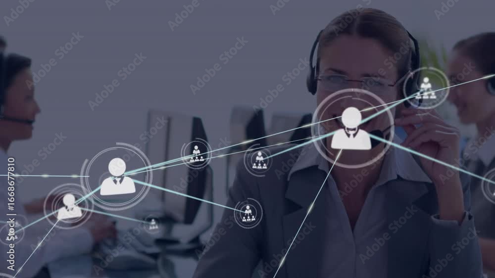 Aufkleber female call center operator tapping headset mic and launching call-routing icons flooding screen
