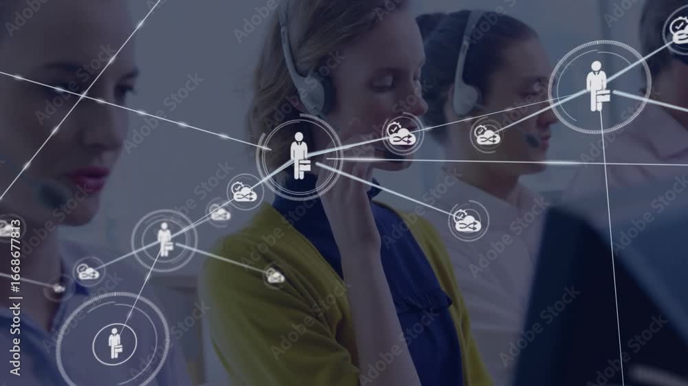 Aufkleber call-center agents speaking into headsets generating growing network of user and cloud icons