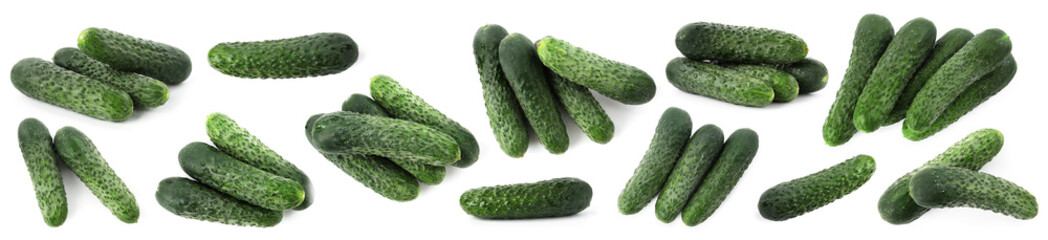 Fresh ripe cucumbers isolated on white, collage