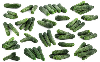 Fresh ripe cucumbers isolated on white, collage
