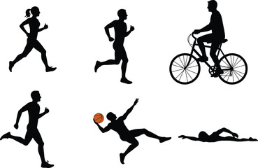 Sports activity silhouettes set including running, cycling, basketball, and swimming, perfect for fitness, exercise, outdoor activities, training, athlete, and sport vector illustration