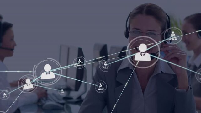 Female call center operator tapping headset mic and launching call-routing icons flooding screen