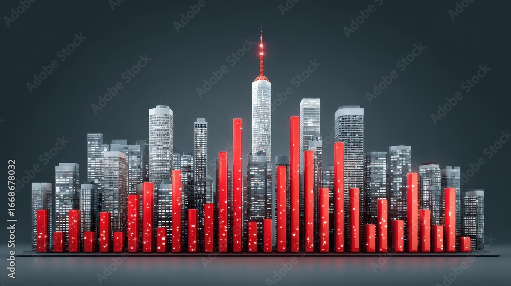 Poster a modern skyline visualization featuring a mix of skyscrapers and red bars, symbolizing urban develo
