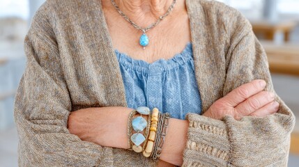 Close-up of Elderly Woman Wearing Handmade Bone and Turquoise Jewelry