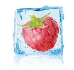 Ripe raspberry in ice cube on white background