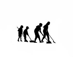 Silhouette of a group cleaning the street together with children isolated on white background silhouette