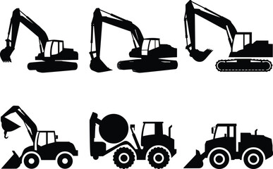 Silhouette set of heavy construction machinery including excavator, bulldozer, backhoe loader, concrete mixer truck, and industrial equipment for building, engineering, construction site