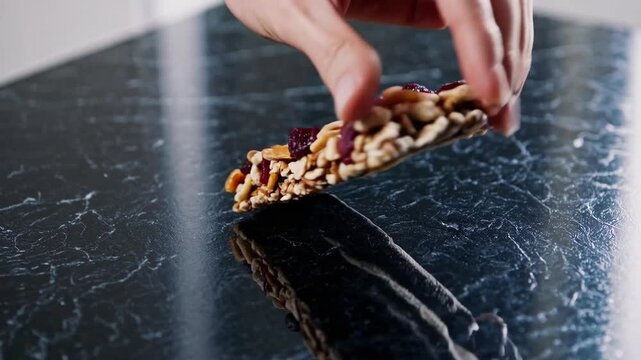 Grain-based nutritious snack item, granola bar incorporating nuts and desiccated fruit berries