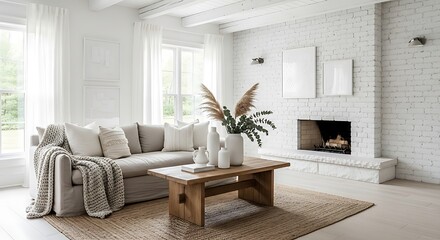 Fototapeta premium Bright and Airy Living Room with Fireplace and Cozy Furnishings