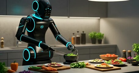 Futuristic robot chef preparing a healthy meal in kitchen - Powered by Adobe