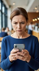 Woman frowns at phone in cafe, blurry background