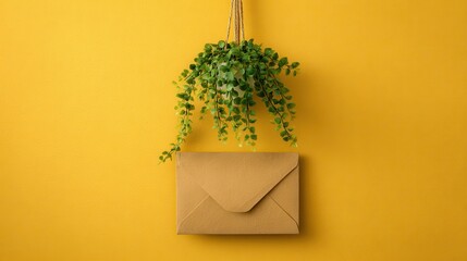 Kraft Envelope with Hanging Green Plant on Yellow Background