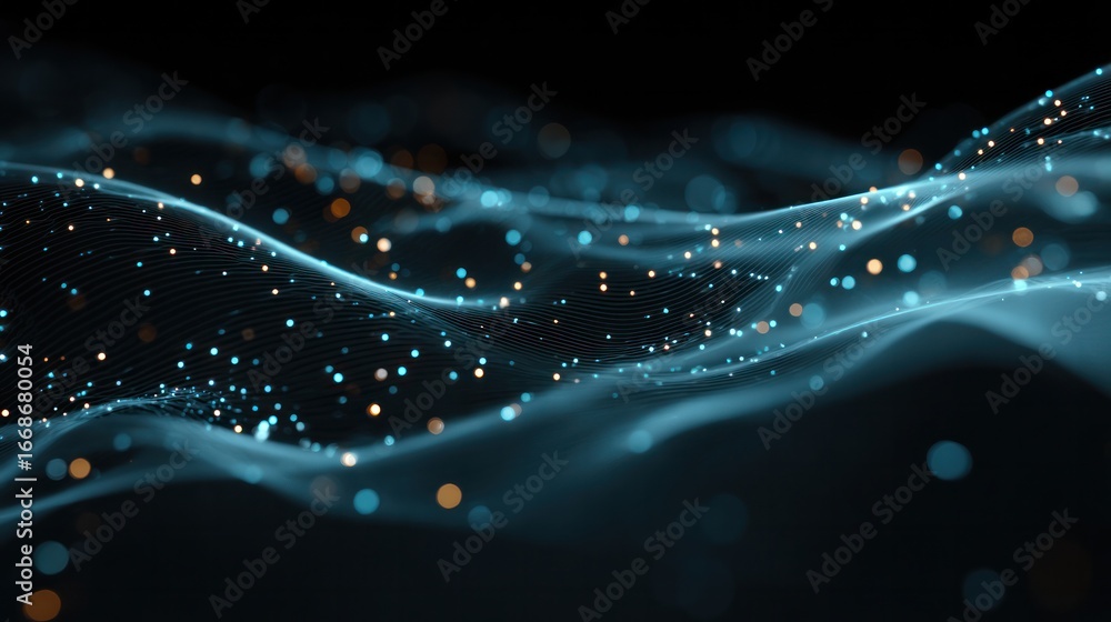 Poster abstract digital wave: a mesmerizing display of luminous blue and gold particles flows in a digitall