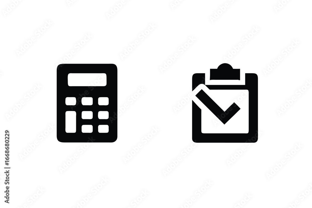 Aufkleber simple iconographic representation of a calculator and a clipboard with a checkmark for business ope