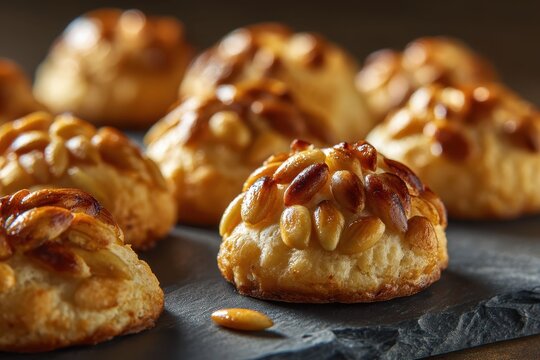 Traditional Spanish panellets with pine nuts on a slate surface.