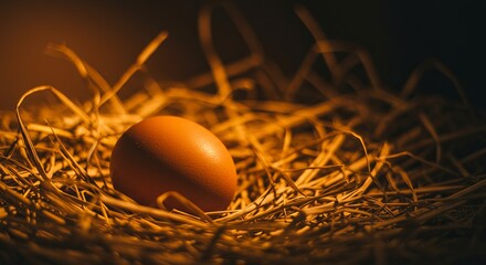 Brown egg nestled in dry straw