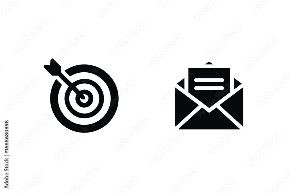 Poster two black icons a dartboard with an arrow and an open envelope with paper on a