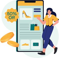 People shop online. E-commerce and online shopping. Special offer or big seasonal sale. Black friday sale banner, flyer, web or landing page, ad, poster, advertisement. Trendy flat vector illustration