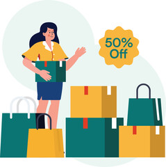 People shop online. E-commerce and online shopping. Special offer or big seasonal sale. Black friday sale banner, flyer, web or landing page, ad, poster, advertisement. Trendy flat vector illustration