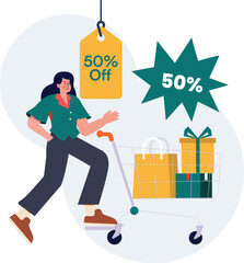 People shop online. E-commerce and online shopping. Special offer or big seasonal sale. Black friday sale banner, flyer, web or landing page, ad, poster, advertisement. Trendy flat vector illustration