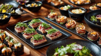 Culinary Symphony: A close-up shot of a table overflowing with a vibrant assortment of sushi rolls, meticulously crafted appetizers, and gourmet culinary creations.
