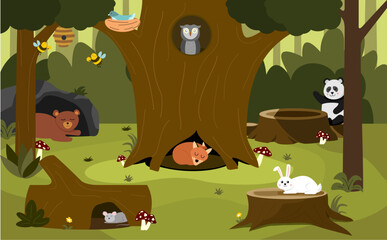 Illustration of jungle with various animals, kids theme
