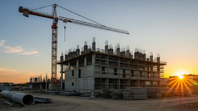 A towering crane oversees the construction of a multistory building at sunset, with stacks of concrete pipes and materials scattered around the site