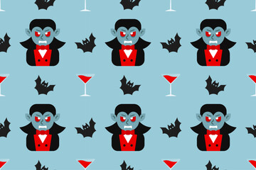 Seamless Halloween pattern with vampire, bats, and red wine on blue background. Great for spooky party themes, textiles, and seasonal artwork.