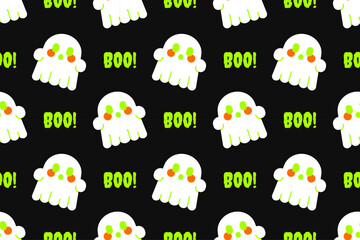 Obraz premium Seamless Halloween pattern with white ghosts on black background. Great for festive wrapping paper, party invites, and spooky crafts.