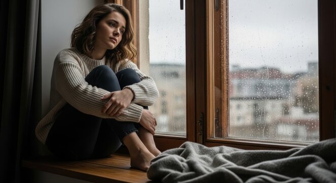 Woman sits by window, rainy day, thoughtful reflection