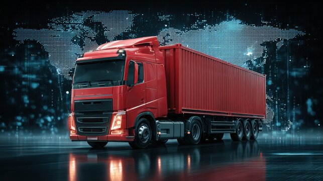 A red shipping truck stands against a world map backdrop in a logistics setting.