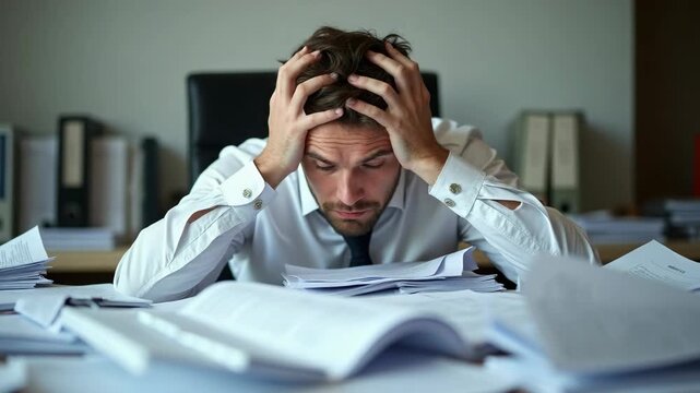 Stressed businessman faces paperwork overload in office. Man buried in documents. Looks exhausted, overwhelmed by paperwork. Desk full of papers. Work environment stressful. Deadline.