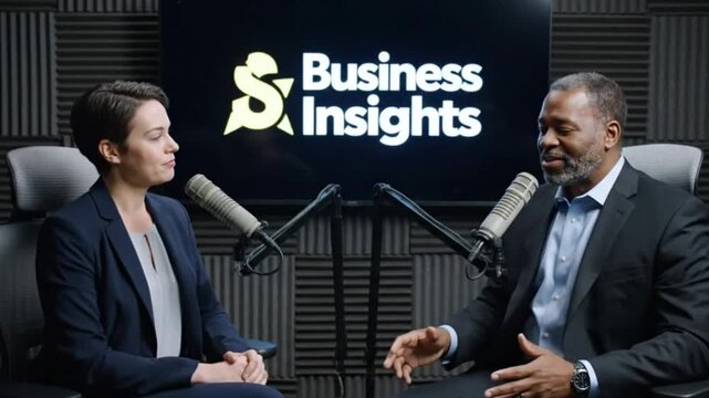 A woman and a man sit sidebyside in front of microphones a Business Insights logo in the background