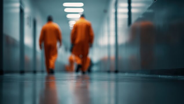Blurred view of orange-suited individuals walking down a hospital or correctional facility hallway