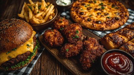 A delectable spread of gourmet burger, crispy fries, cheesy pizza, breaded chicken wings, and garlic bread, accompanied by dips and sauces