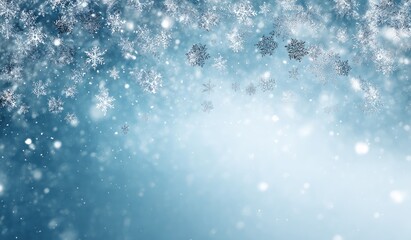 Fototapeta premium A digital illustration of numerous snowflakes falling on a soft blue background, creating a wintery, festive atmosphere. The snowflakes vary in size and are slightly blurred for a soft focus effect