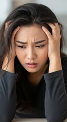Woman's Worried Face, Hands on Head, Home Interior Background