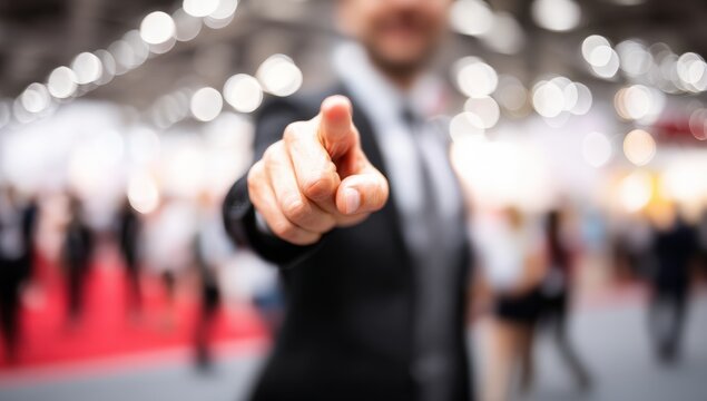 Businessman pointing at the viewer in a convention center