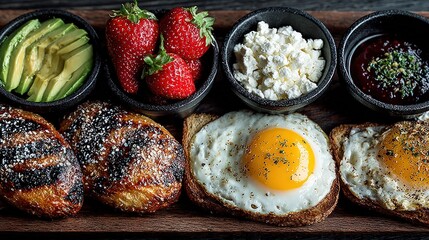 Gourmet breakfast platter featuring fried eggs, toasted bread, grilled pastries, fresh strawberries, avocado, feta cheese, and berry jam