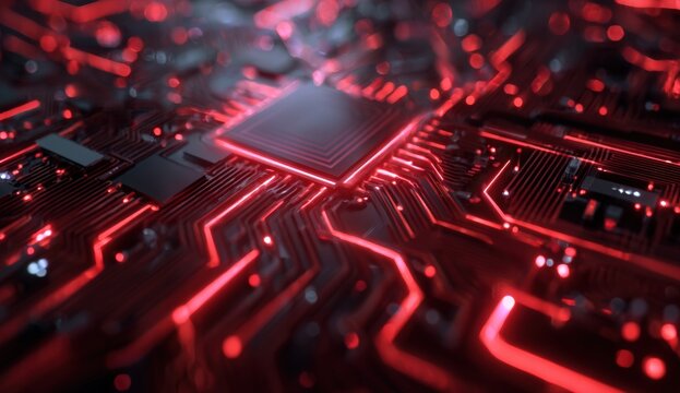 High-tech circuit board with glowing red lines