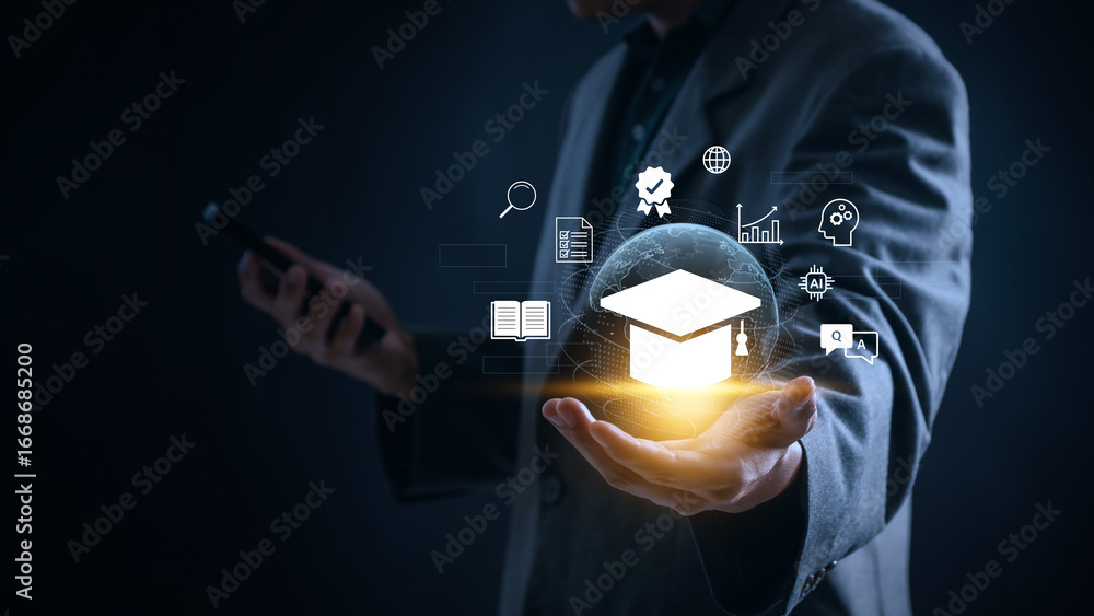 Poster e-learning education concept showing student attending online webinar and internet lessons via digit