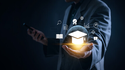 E-learning Education Concept Showing Student Attending Online Webinar and Internet Lessons via Digital Platforms, Accessing Tutorials, Courses, and Skills Training for Remote Learning and Growth