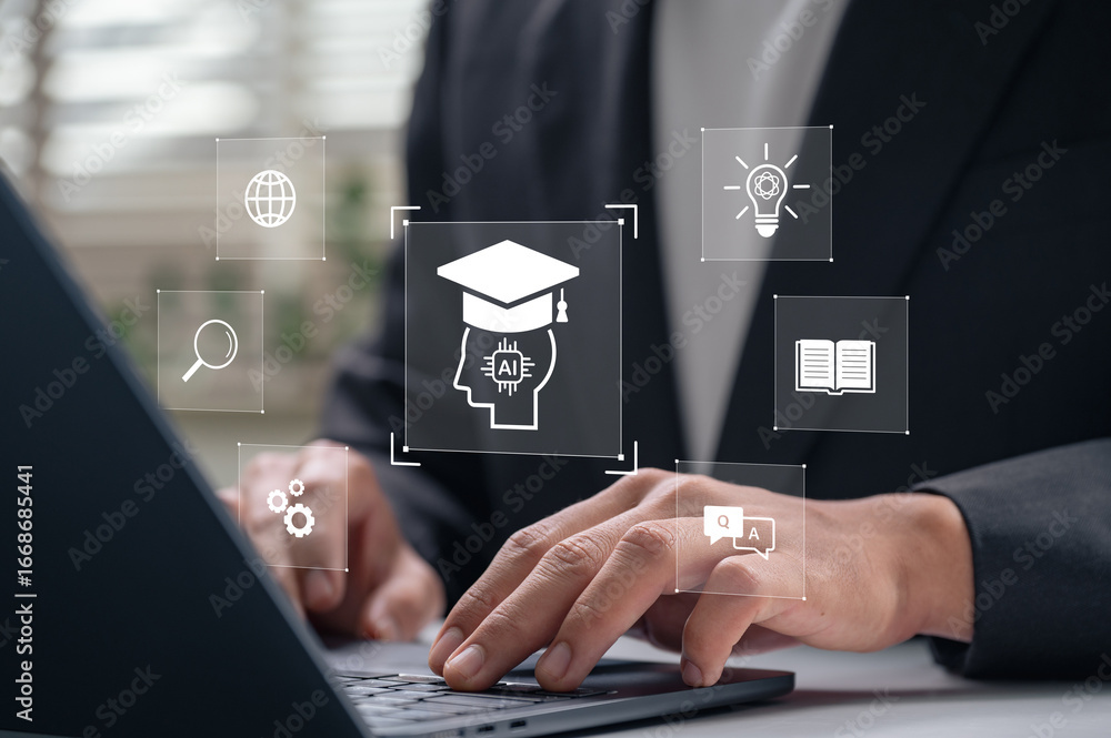 Poster ai education technology concept. businessman using laptop to learn artificial intelligence skills, s