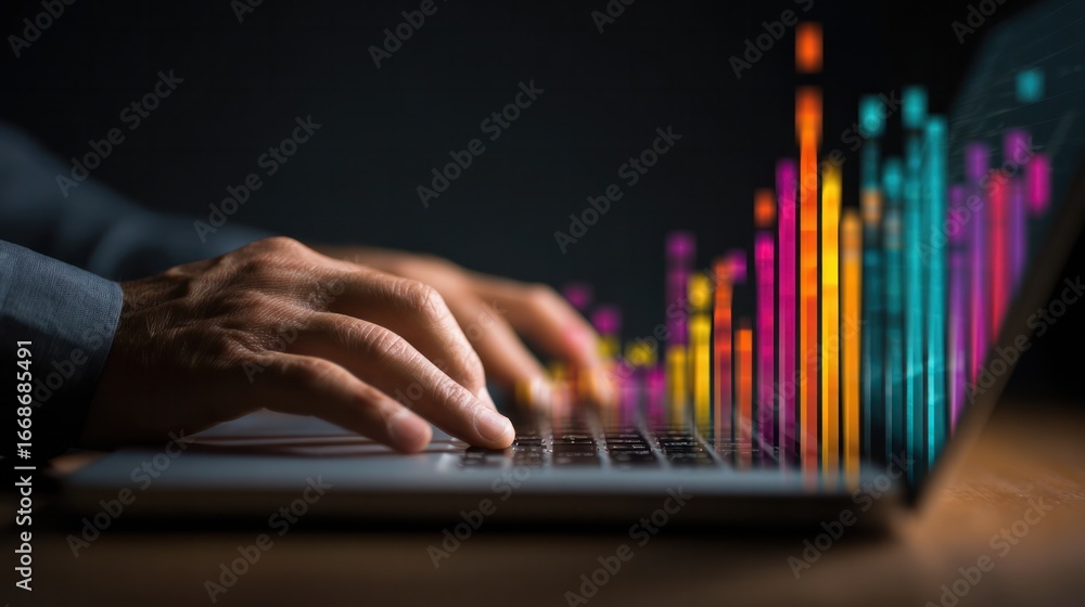 Poster data visualization with laptop: a close-up shot captures the hands of an individual as they interact
