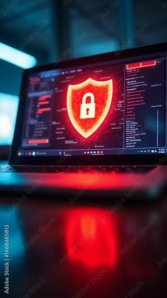 Poster open laptop screen shows bright red shield with padlock. online security, data protection. image ide